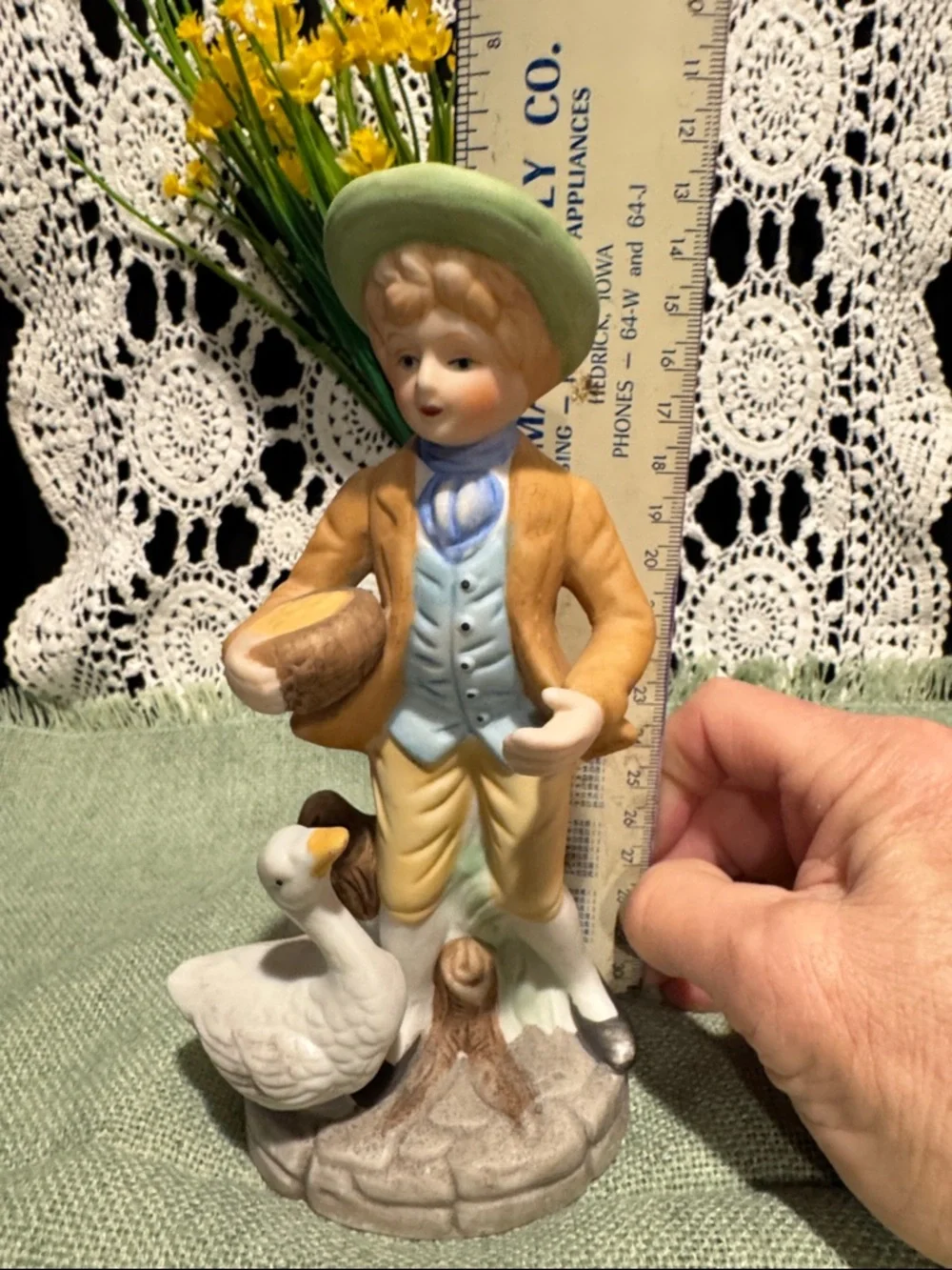 Boy Figurine with A Duck or Goose - White and Pastel Colors